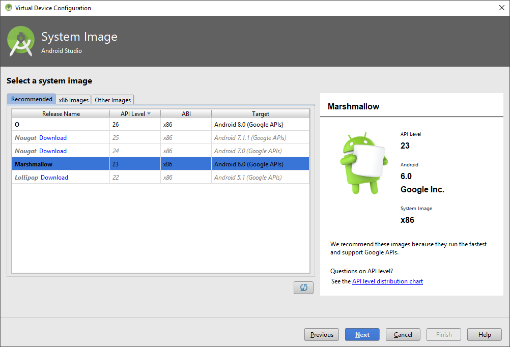 AVD Android Version for System Image