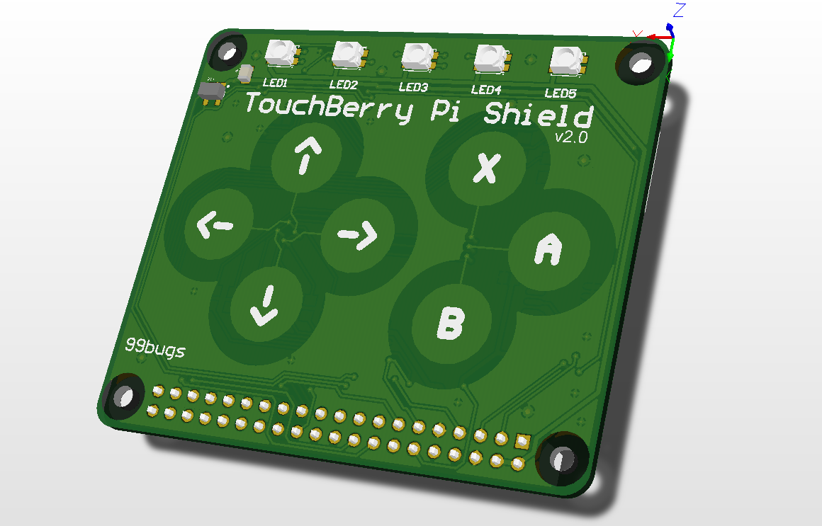 Render of the Touchberry Pi shield v2.0